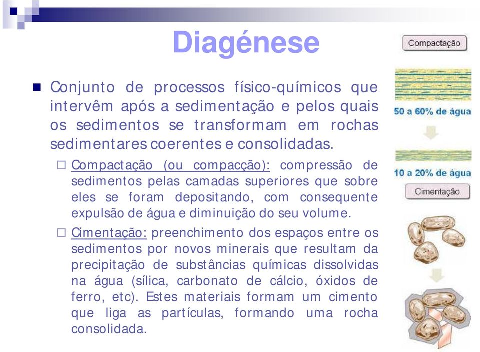 Compactação (ou compacção): compressão de sedimentos pelas camadas superiores que sobre eles se foram depositando, com consequente expulsão de água e diminuição