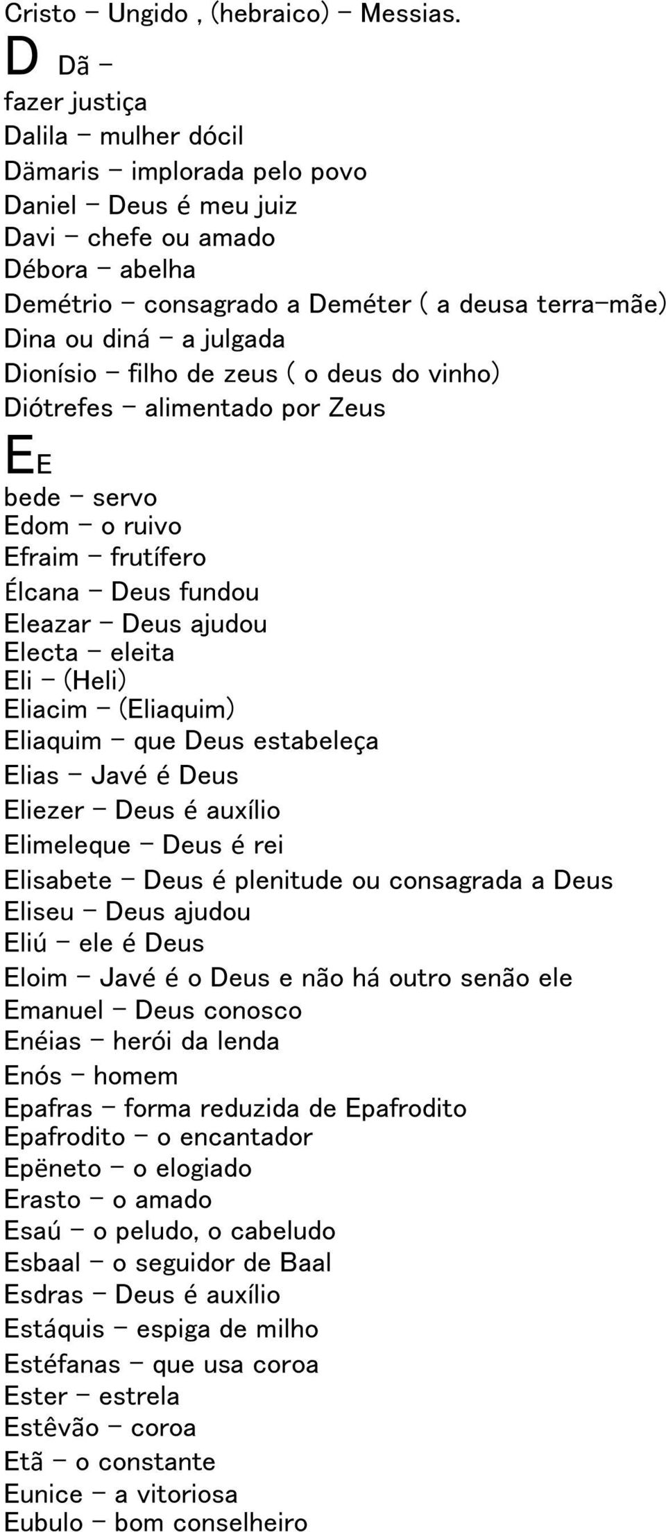 Dionísio filho de zeus ( o deus do vinho) Diótrefes alimentado por Zeus EE bede servo Edom o ruivo Efraim frutífero Élcana Deus fundou Eleazar Deus ajudou Electa eleita Eli (Heli) Eliacim (Eliaquim)