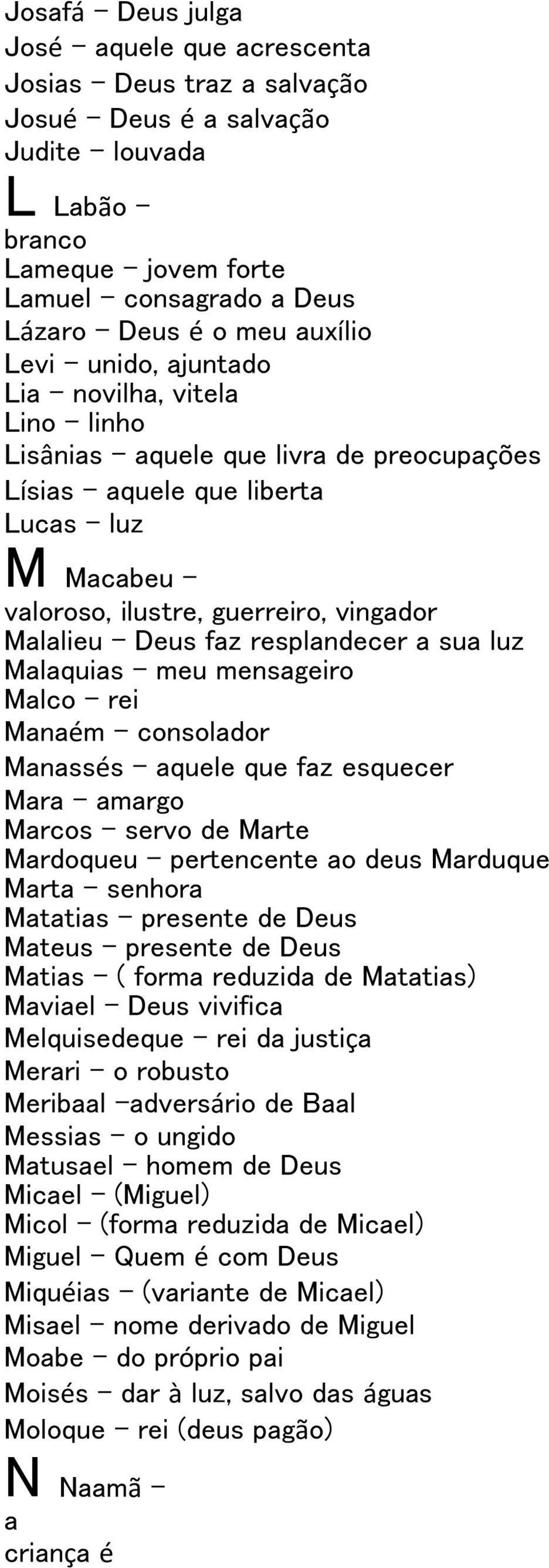 Deus faz resplandecer a sua luz Malaquias meu mensageiro Malco rei Manaém consolador Manassés aquele que faz esquecer Mara amargo Marcos servo de Marte Mardoqueu pertencente ao deus Marduque Marta