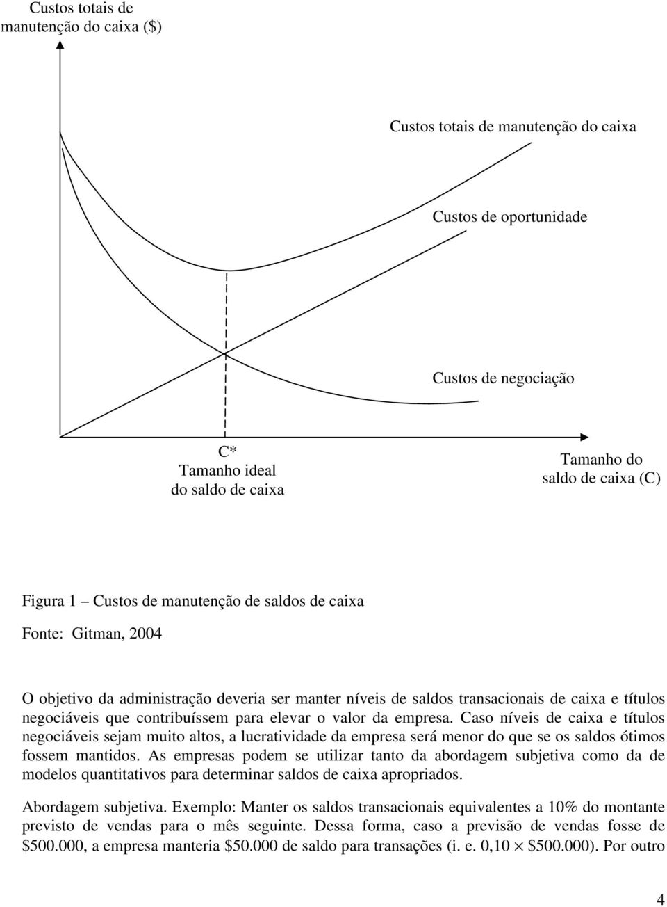 valor da empresa. Caso níveis de caixa e títulos negociáveis sejam muito altos, a lucratividade da empresa será menor do que se os saldos ótimos fossem mantidos.