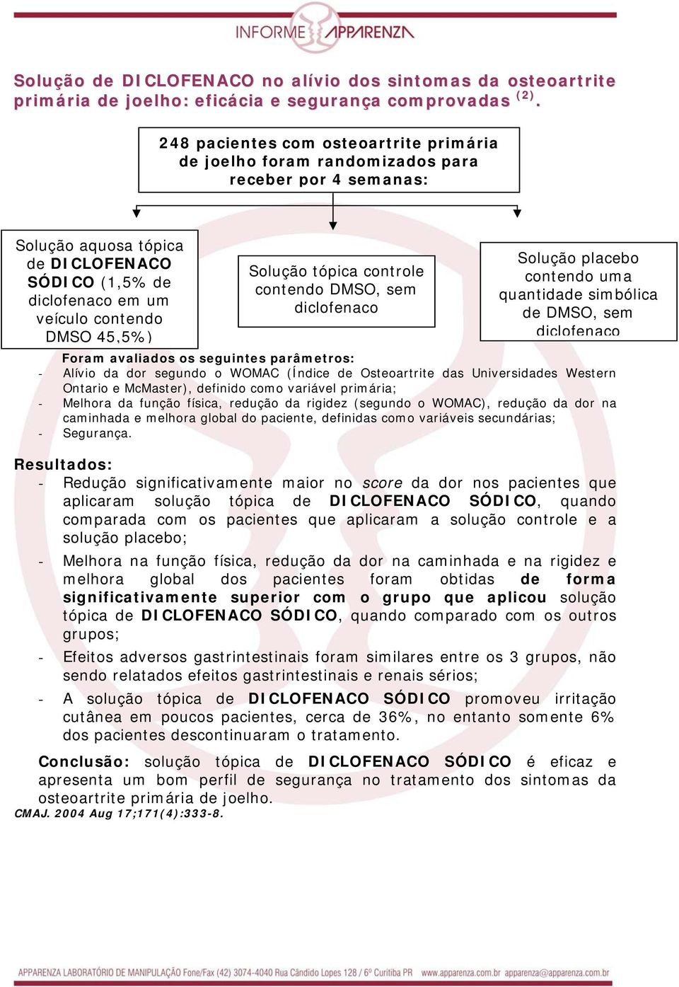 Solução tópica controle contendo DMSO, sem diclofenaco Solução placebo contendo uma quantidade simbólica de DMSO, sem diclofenaco Foram avaliados os seguintes parâmetros: - Alívio da dor segundo o