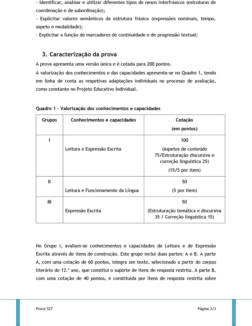 A valorização dos conhecimentos e das capacidades apresenta-se no Quadro 1, tendo em linha de conta as respetivas adaptações individuais no processo de avaliação, como constante no Projeto Educativo