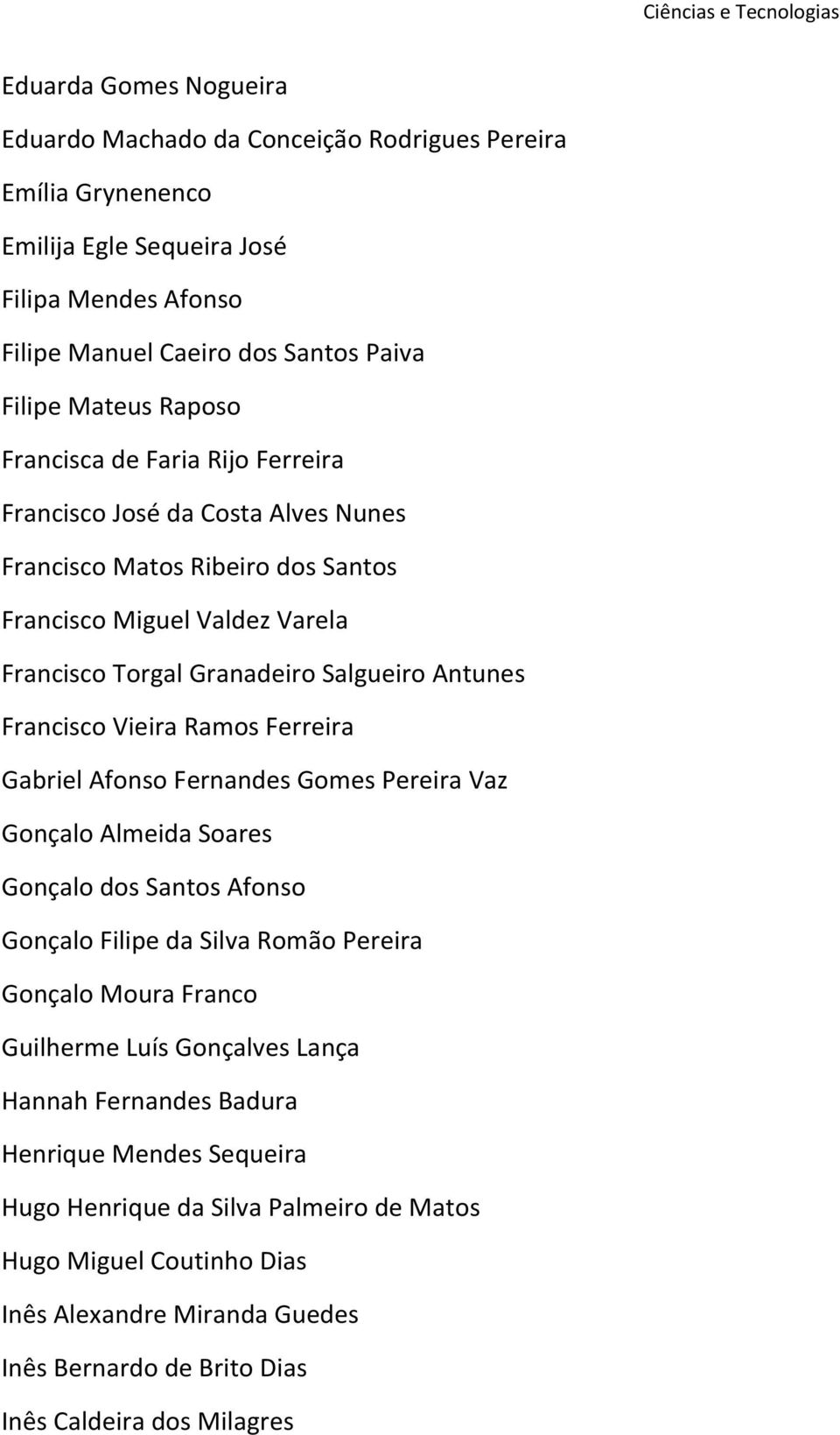 Ramos Ferreira Gabriel Afonso Fernandes Gomes Pereira Vaz Gonçalo Almeida Soares Gonçalo dos Santos Afonso Gonçalo Filipe da Silva Romão Pereira Gonçalo Moura Franco Guilherme Luís Gonçalves Lança