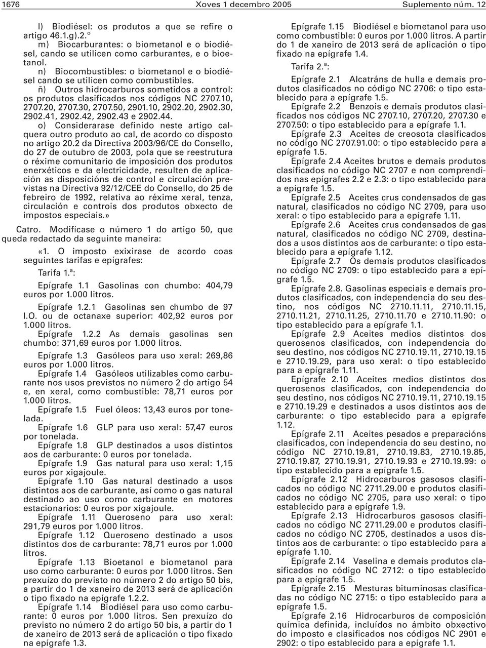 30, 2707.50, 2901.10, 2902.20, 2902.30, 2902.41, 2902.42, 2902.43 e 2902.44. o) Considerarase definido neste artigo calquera outro produto ao cal, de acordo co disposto no artigo 20.