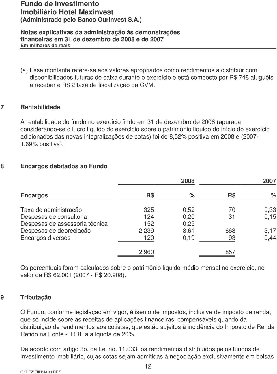 7 Rentabilidade A rentabilidade do fundo no exercício findo em 31 de dezembro de 2008 (apurada considerando-se o lucro líquido do exercício sobre o patrimônio líquido do início do exercício