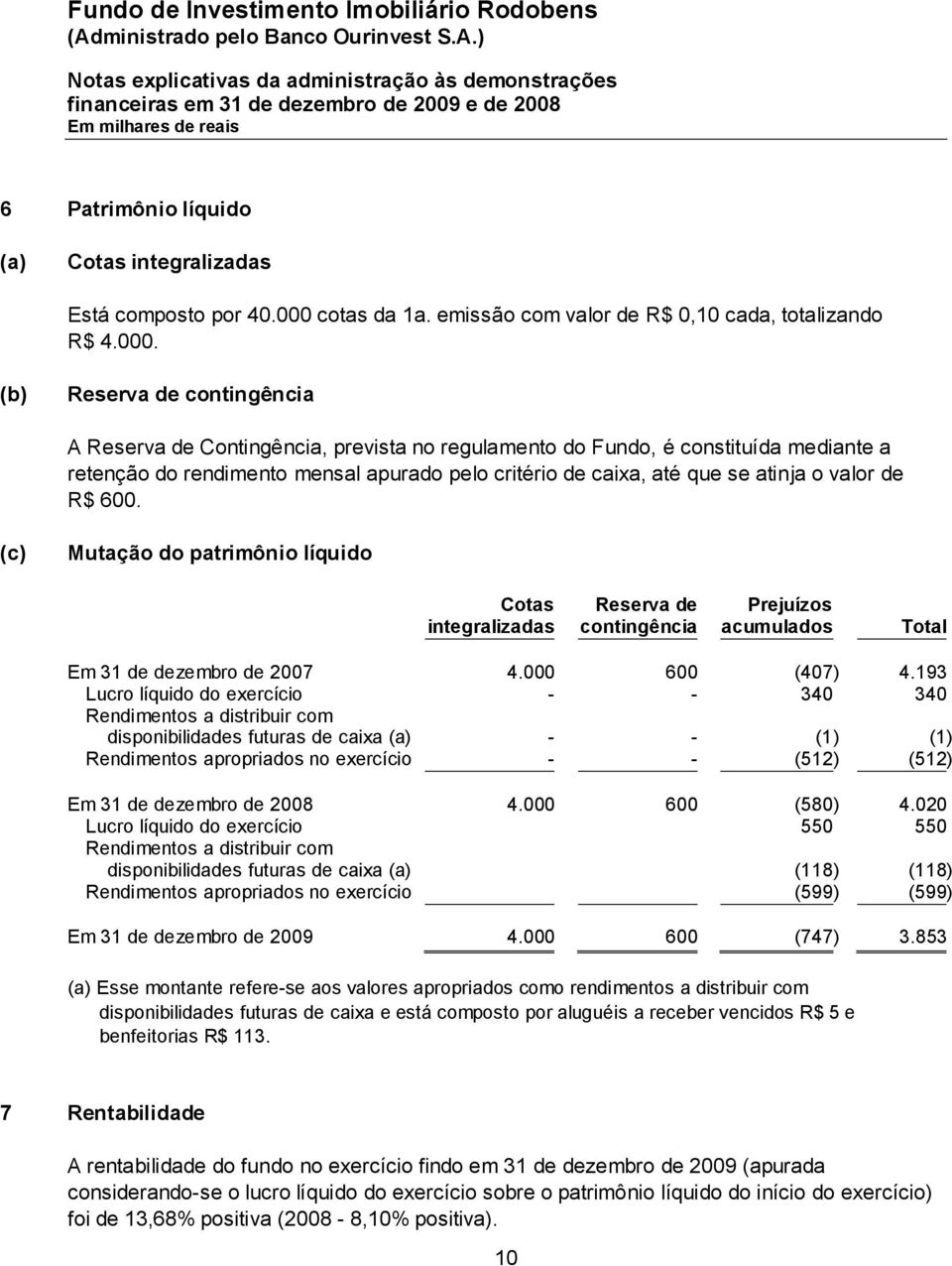 (b) Reserva de contingência A Reserva de Contingência, prevista no regulamento do Fundo, é constituída mediante a retenção do rendimento mensal apurado pelo critério de caixa, até que se atinja o