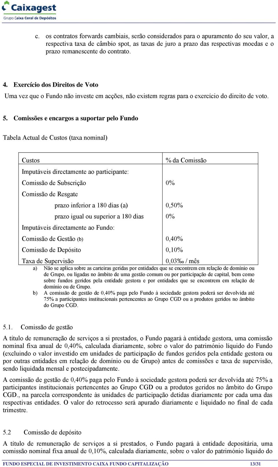 Comissões e encargos a suportar pelo Fundo Tabela Actual de Custos (taxa nominal) Custos % da Comissão Imputáveis directamente ao participante: Comissão de Subscrição 0% Comissão de Resgate prazo