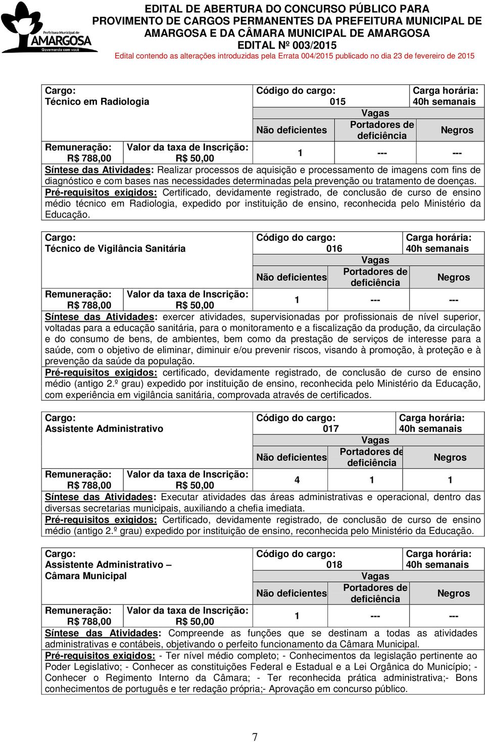 Pré-requisitos exigidos: Certificado, devidamente registrado, de conclusão de curso de ensino médio técnico em Radiologia, expedido por instituição de ensino, reconhecida pelo Ministério da Educação.