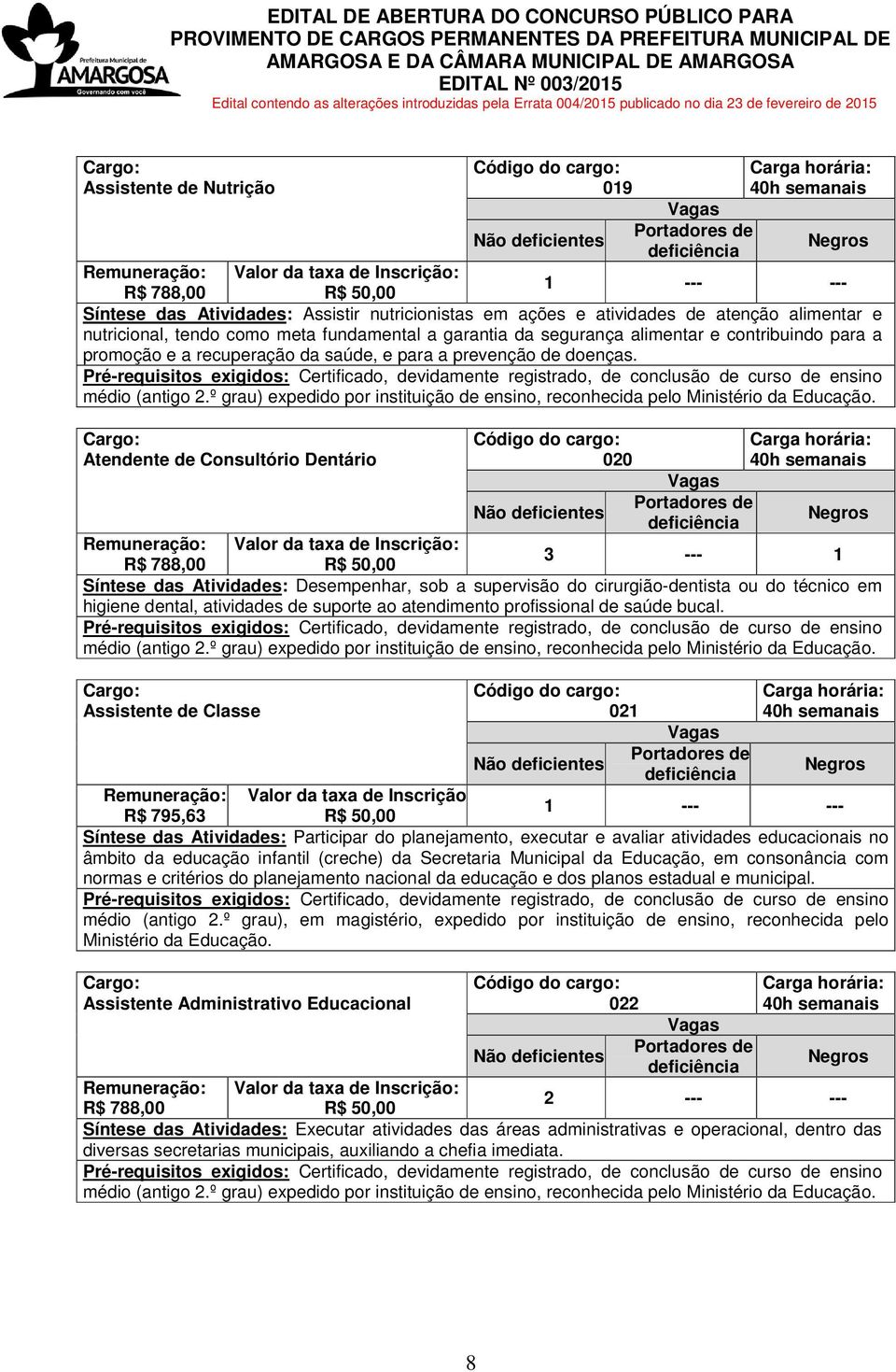 Pré-requisitos exigidos: Certificado, devidamente registrado, de conclusão de curso de ensino médio (antigo 2.º grau) expedido por instituição de ensino, reconhecida pelo Ministério da Educação.