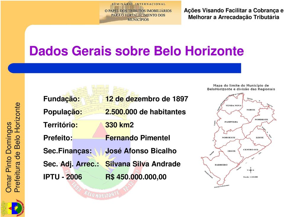 000 de habitantes Território: 330 km2 Prefeito: Fernando