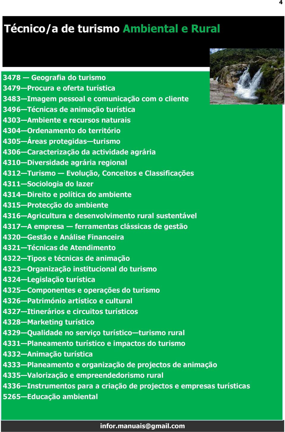 Classificações 4311 Sociologia do lazer 4314 Direito e política do ambiente 4315 Protecção do ambiente 4316 Agricultura e desenvolvimento rural sustentável 4317 A empresa ferramentas clássicas de