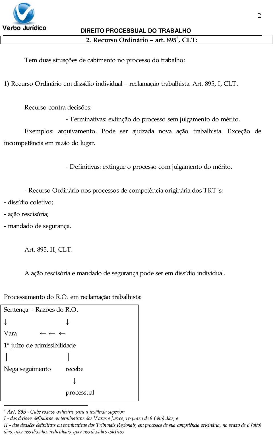 - Definitivas: extingue o processo com julgamento do mérito. - Recurso Ordinário nos processos de competência originária dos TRT s: - dissídio coletivo; - ação rescisória; - mandado de segurança. Art.