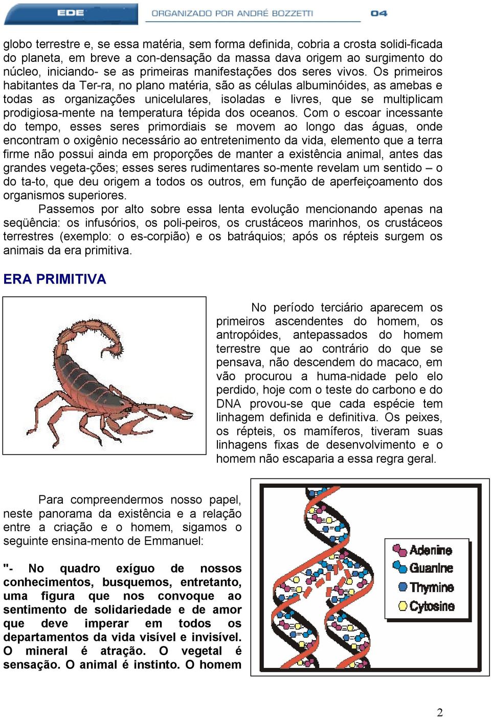 Os primeiros habitantes da Ter-ra, no plano matéria, são as células albuminóides, as amebas e todas as organizações unicelulares, isoladas e livres, que se multiplicam prodigiosa-mente na temperatura