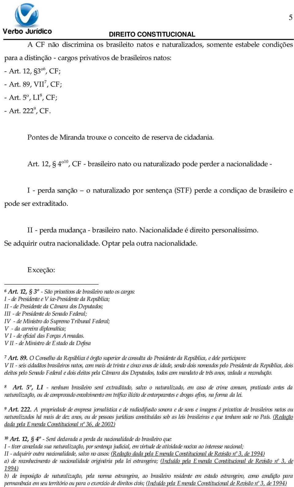 222 9, CF. Pontes de Miranda trouxe o conceito de reserva de cidadania. Art.