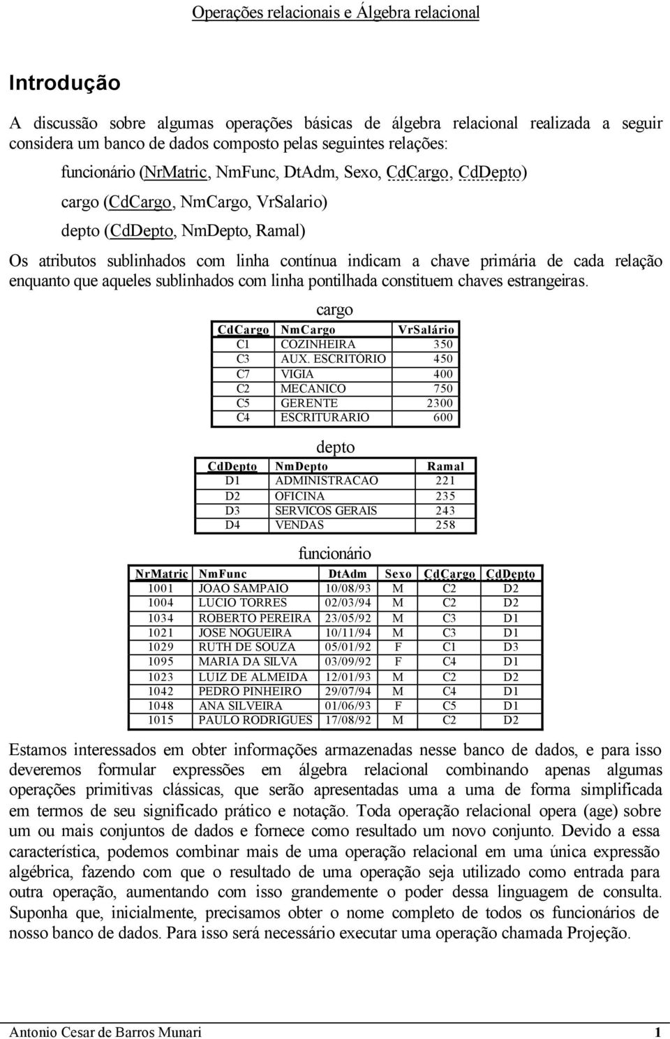 sublinhados com linha pontilhada constituem chaves estrangeiras. cargo CdCargo NmCargo VrSalário C1 COZINHEIRA 350 C3 AUX.