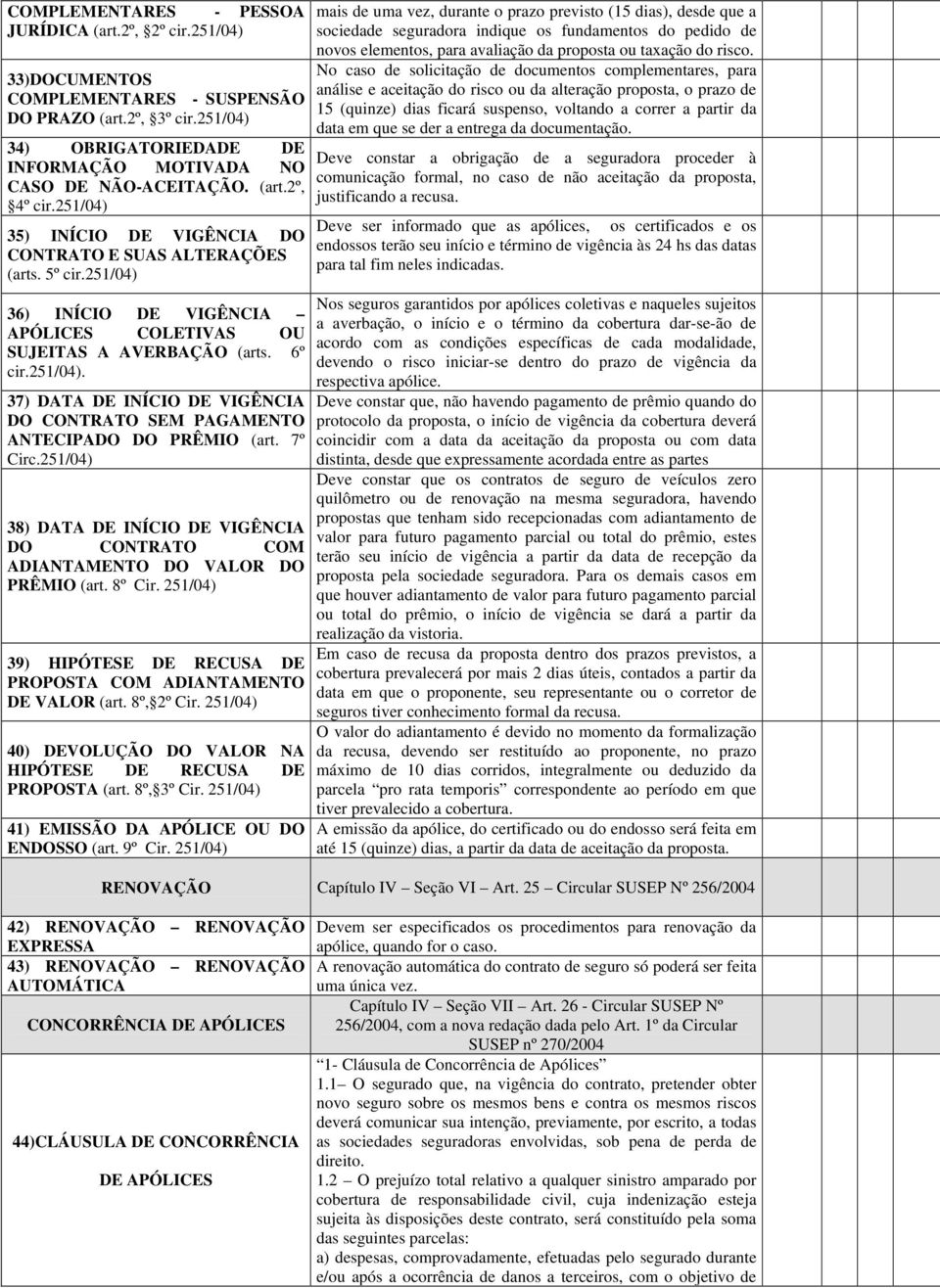 7º Circ.251/04) 38) DATA DE INÍCIO DE VIGÊNCIA DO CONTRATO COM ADIANTAMENTO DO VALOR DO PRÊMIO (art. 8º Cir. 251/04) 39) HIPÓTESE DE RECUSA DE PROPOSTA COM ADIANTAMENTO DE VALOR (art. 8º, 2º Cir.