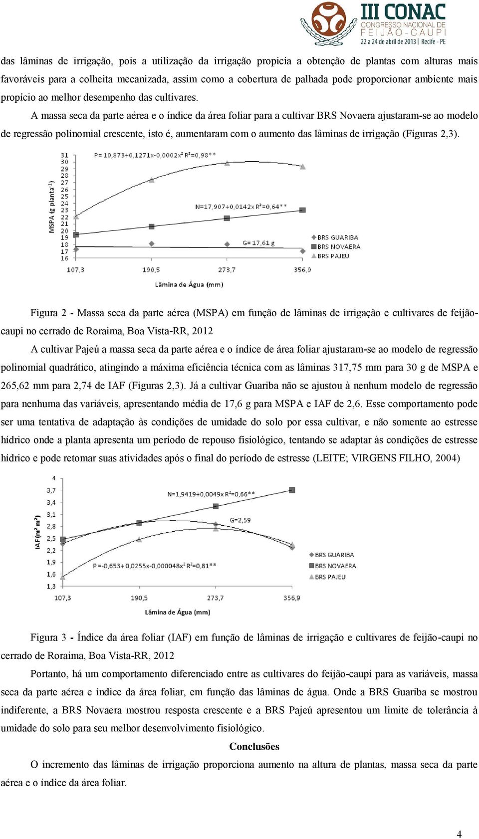 A massa seca da parte aérea e o índice da área foliar para a cultivar BRS Novaera ajustaram-se ao modelo de regressão polinomial crescente, isto é, aumentaram com o aumento das lâminas de irrigação