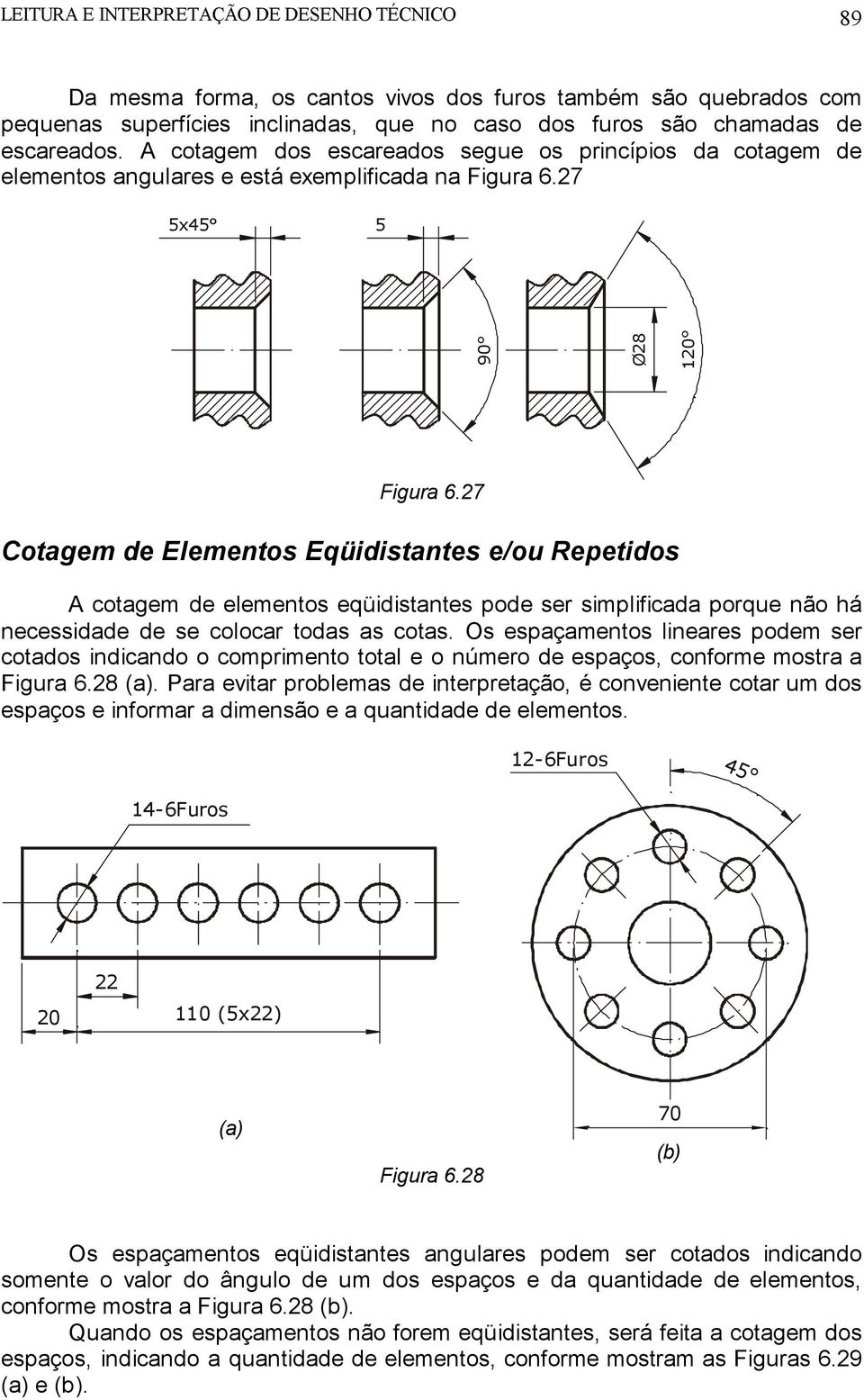 27 Cotagem de Elementos Eqüidistantes e/ou Repetidos A cotagem de elementos eqüidistantes pode ser simplificada porque não há necessidade de se colocar todas as cotas.