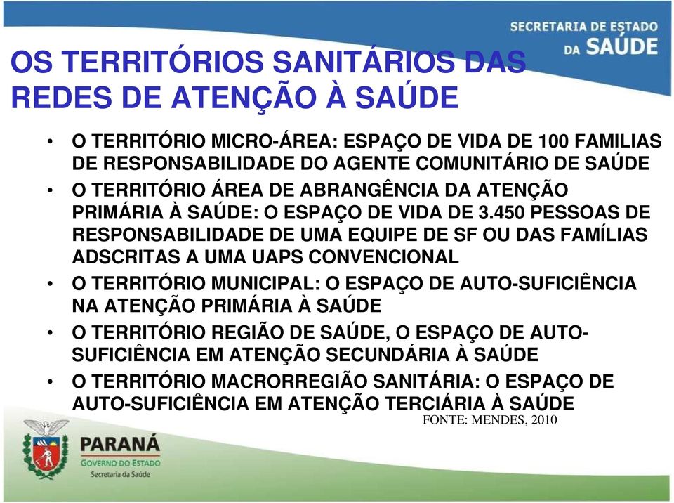 450 PESSOAS DE RESPONSABILIDADE DE UMA EQUIPE DE SF OU DAS FAMÍLIAS ADSCRITAS A UMA UAPS CONVENCIONAL O TERRITÓRIO MUNICIPAL: O ESPAÇO DE AUTO-SUFICIÊNCIA NA