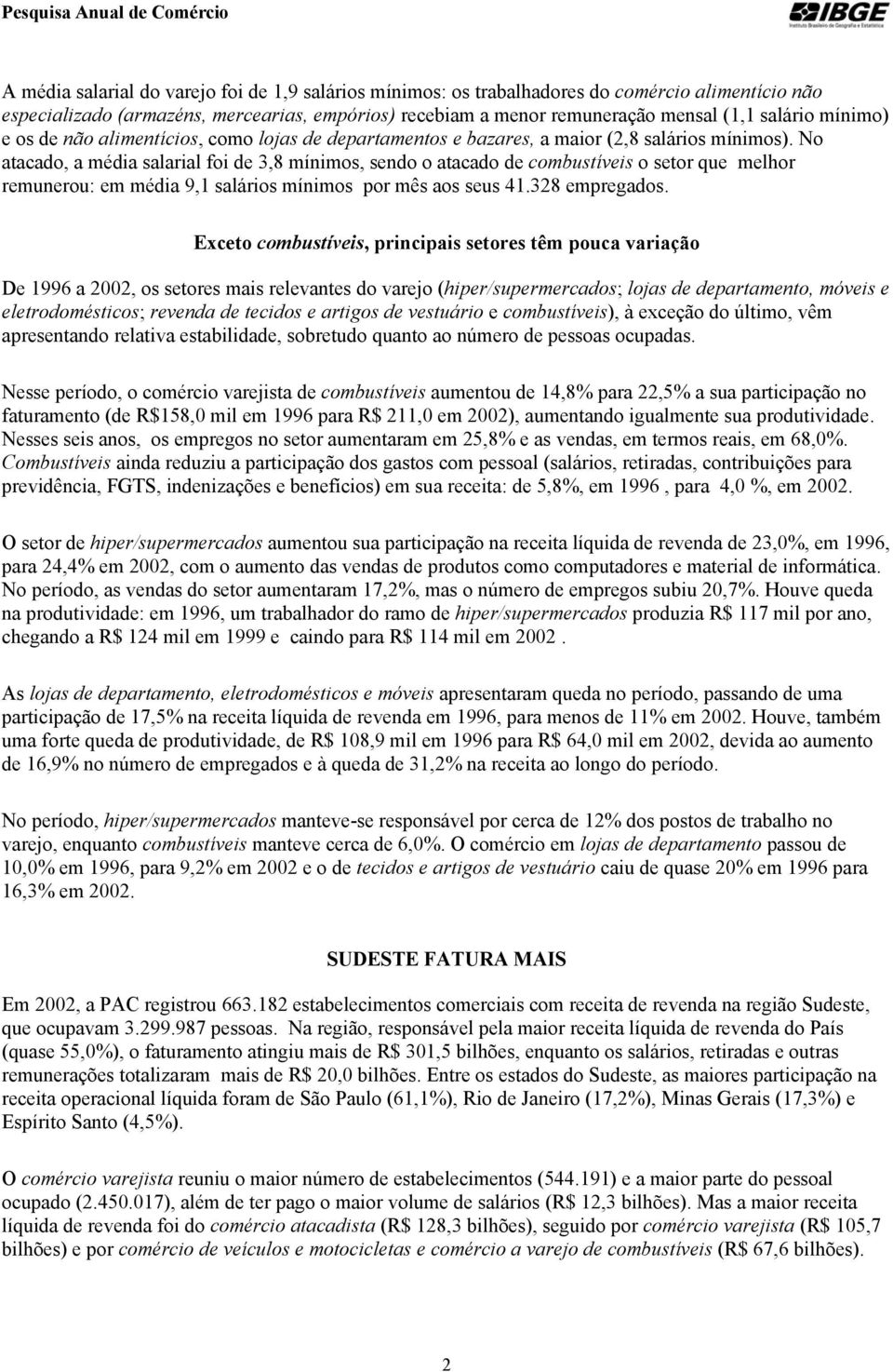 No atacado, a média salarial foi de 3,8 mínimos, sendo o atacado de combustíveis o setor que melhor remunerou: em média 9,1 salários mínimos por mês aos seus 41.328 empregados.