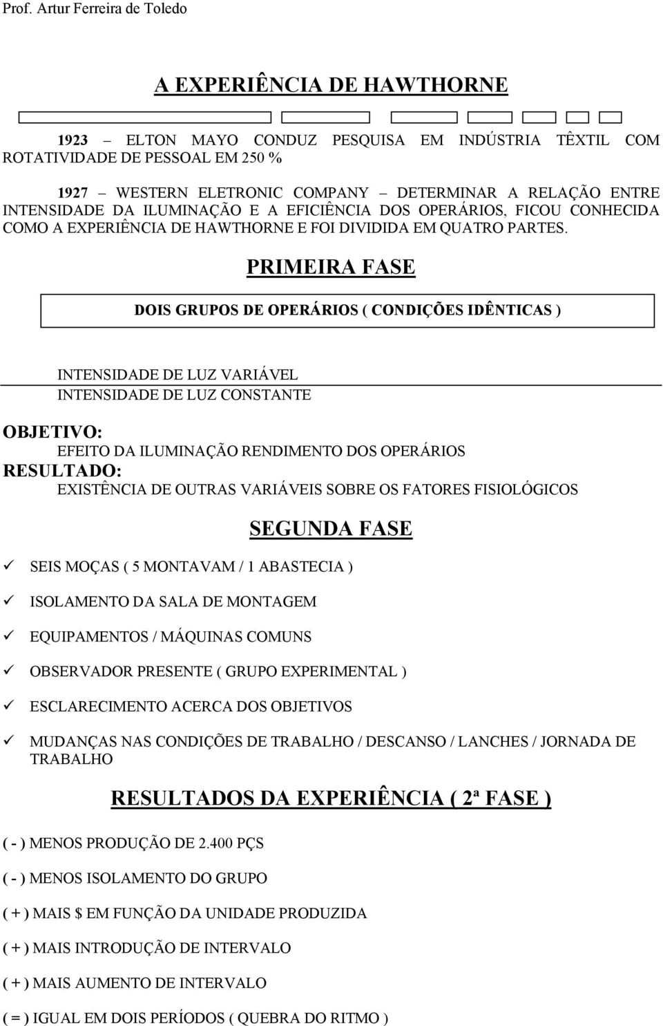 PRIMEIRA FASE DOIS GRUPOS DE OPERÁRIOS ( CONDIÇÕES IDÊNTICAS ) INTENSIDADE DE LUZ VARIÁVEL INTENSIDADE DE LUZ CONSTANTE OBJETIVO: EFEITO DA ILUMINAÇÃO RENDIMENTO DOS OPERÁRIOS RESULTADO: EXISTÊNCIA