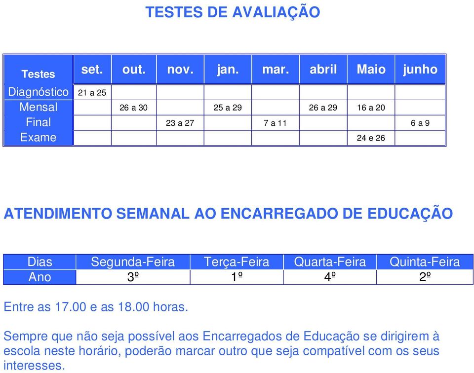 26 ATENDIMENTO SEMANAL AO ENCARREGADO DE EDUCAÇÃO Dias Segunda-Feira Terça-Feira Quarta-Feira Quinta-Feira Ano 3º