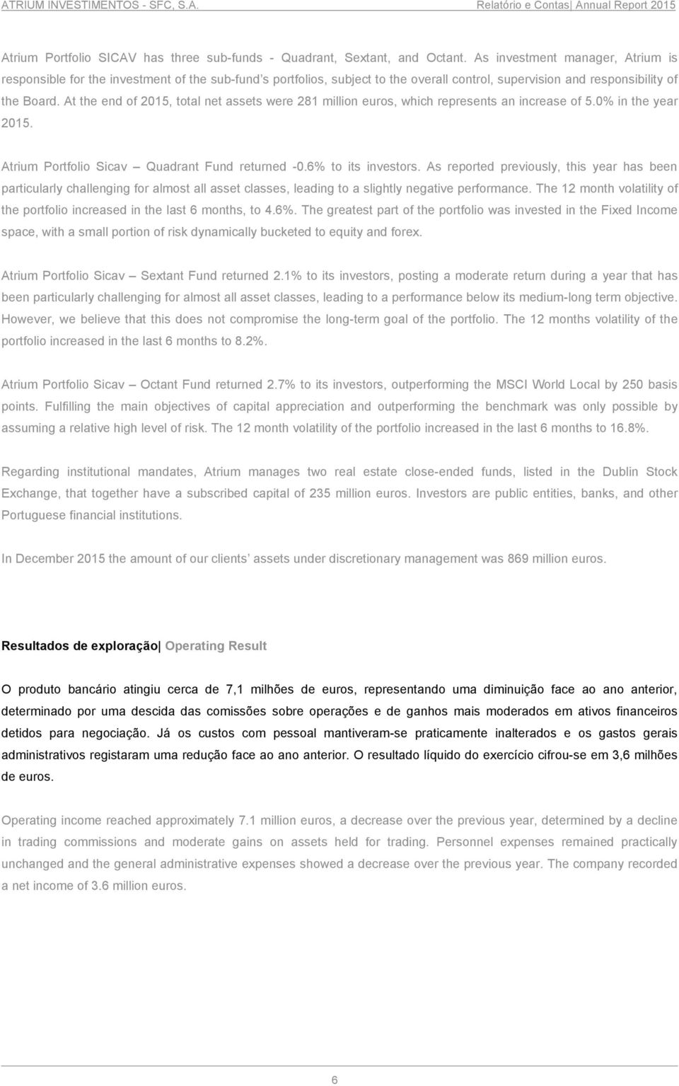 At the end of 2015, total net assets were 281 million euros, which represents an increase of 5.0% in the year 2015. Atrium Portfolio Sicav Quadrant Fund returned -0.6% to its investors.