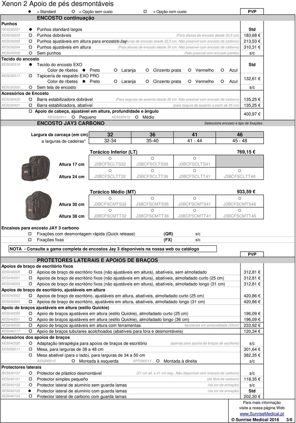 Não possível com encosto de carbono) 213,53 XES030204 Punhos ajustáveis em altura (Para alturas de encosto desde 30 cm.