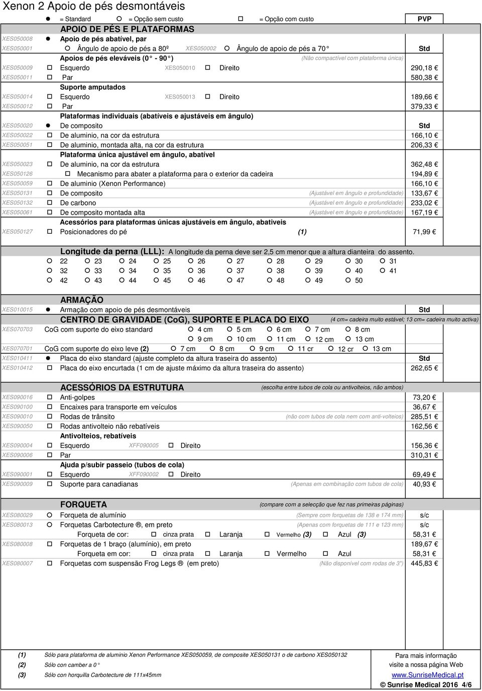 Esquerdo XES050013 Direito 189,66 XES050012 Par 379,33 Plataformas individuais (abatíveis e ajustáveis em ângulo) XES050020 De composito Std XES050022 De aluminio, na cor da estrutura 166,10