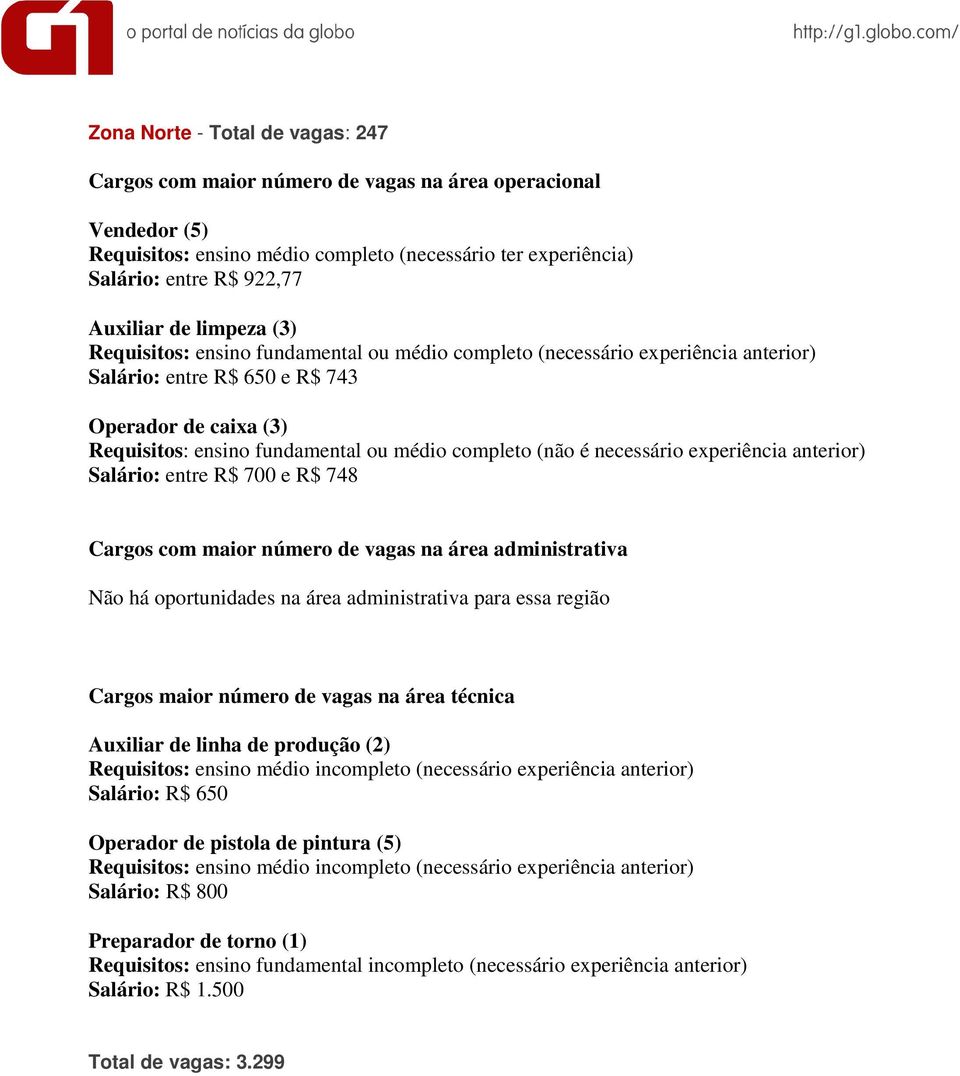 (não é necessário experiência anterior) Salário: entre R$ 700 e R$ 748 Cargos maior número de vagas na área técnica Auxiliar de linha de produção (2) Salário: R$ 650 Operador