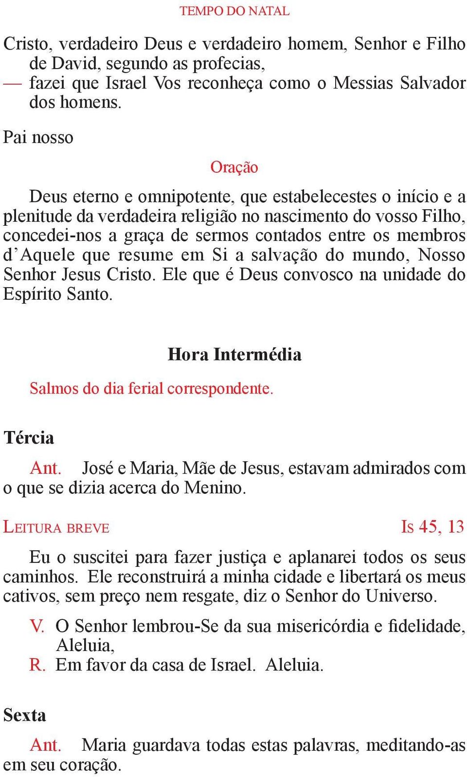 Aquele que resume em Si a salvação do mundo, Nosso Senhor Jesus Cristo. Ele que é Deus convosco na unidade do Espírito Santo. Hora Intermédia Salmos do dia ferial correspondente. Tércia Ant.