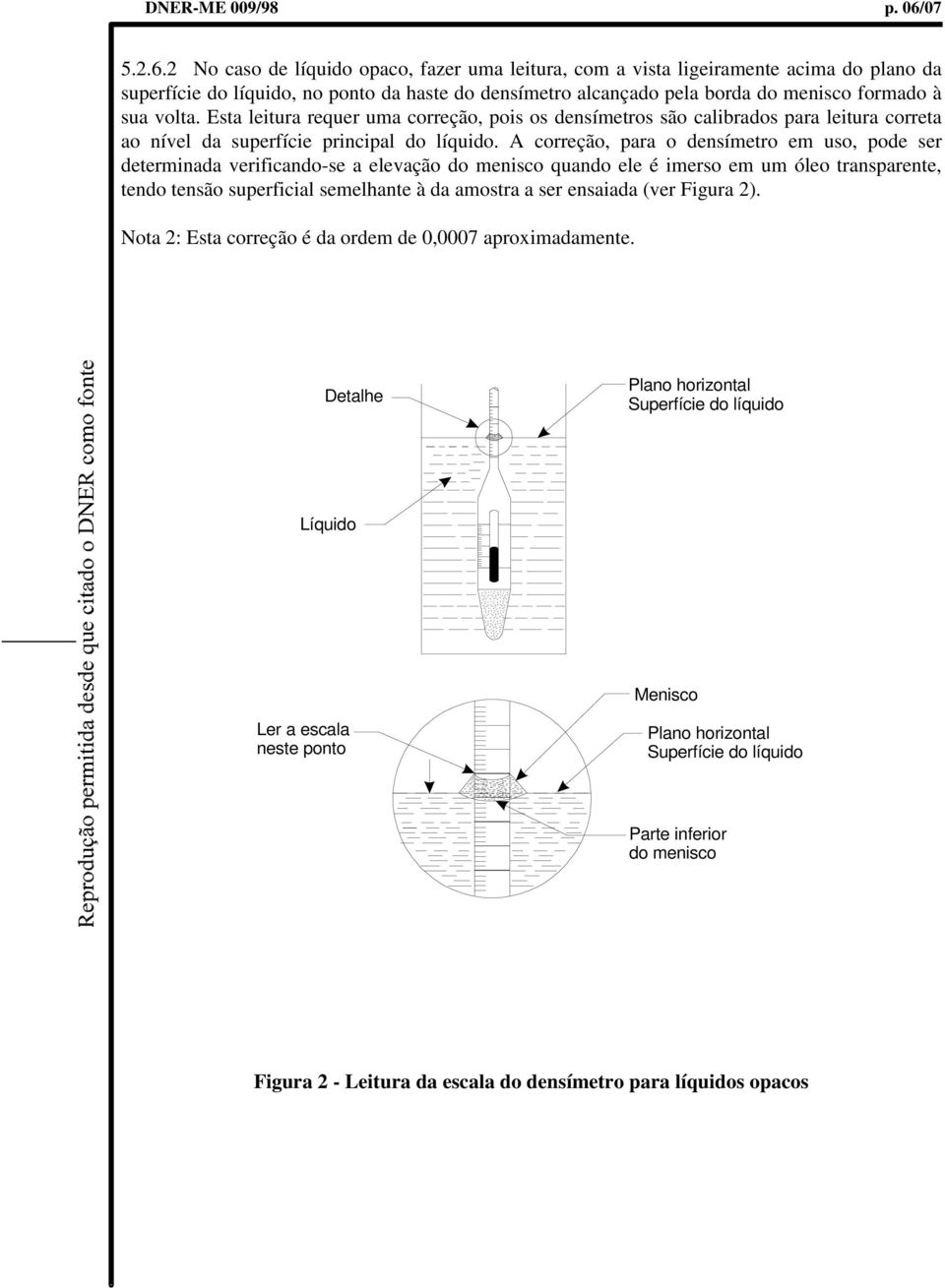 2 No caso de líquido opaco, fazer uma leitura, com a vista ligeiramente acima do plano da superfície do líquido, no ponto da haste do densímetro alcançado pela borda do menisco formado à sua