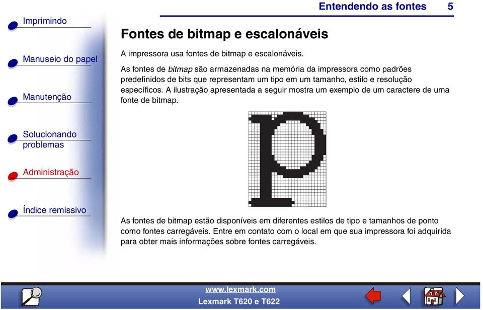 resolução específicos. A ilustração apresentada a seguir mostra um exemplo de um caractere de uma fonte de bitmap.