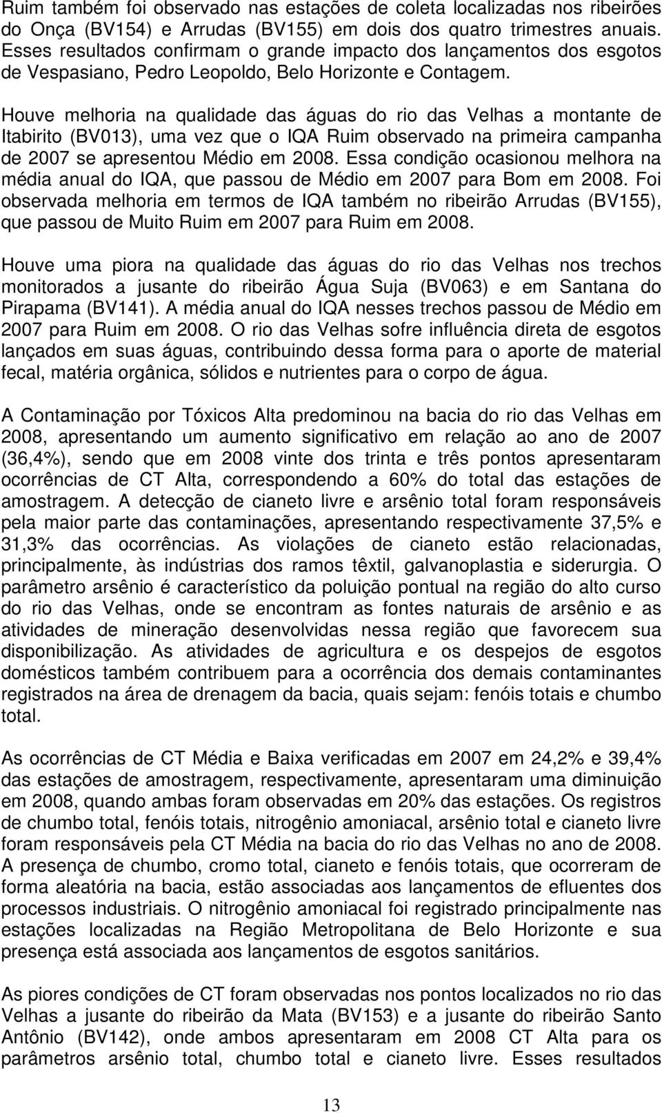 Houve melhoria na qualidade das águas do rio das Velhas a montante de Itabirito (BV013), uma vez que o IQA Ruim observado na primeira campanha de 2007 se apresentou Médio em 2008.