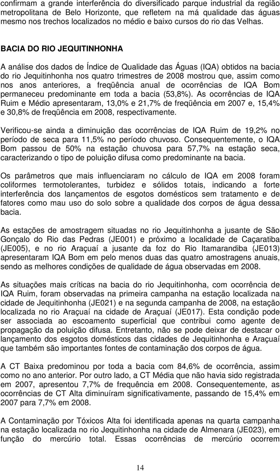 BACIA DO RIO JEQUITINHONHA A análise dos dados de Índice de Qualidade das Águas (IQA) obtidos na bacia do rio Jequitinhonha nos quatro trimestres de 2008 mostrou que, assim como nos anos anteriores,