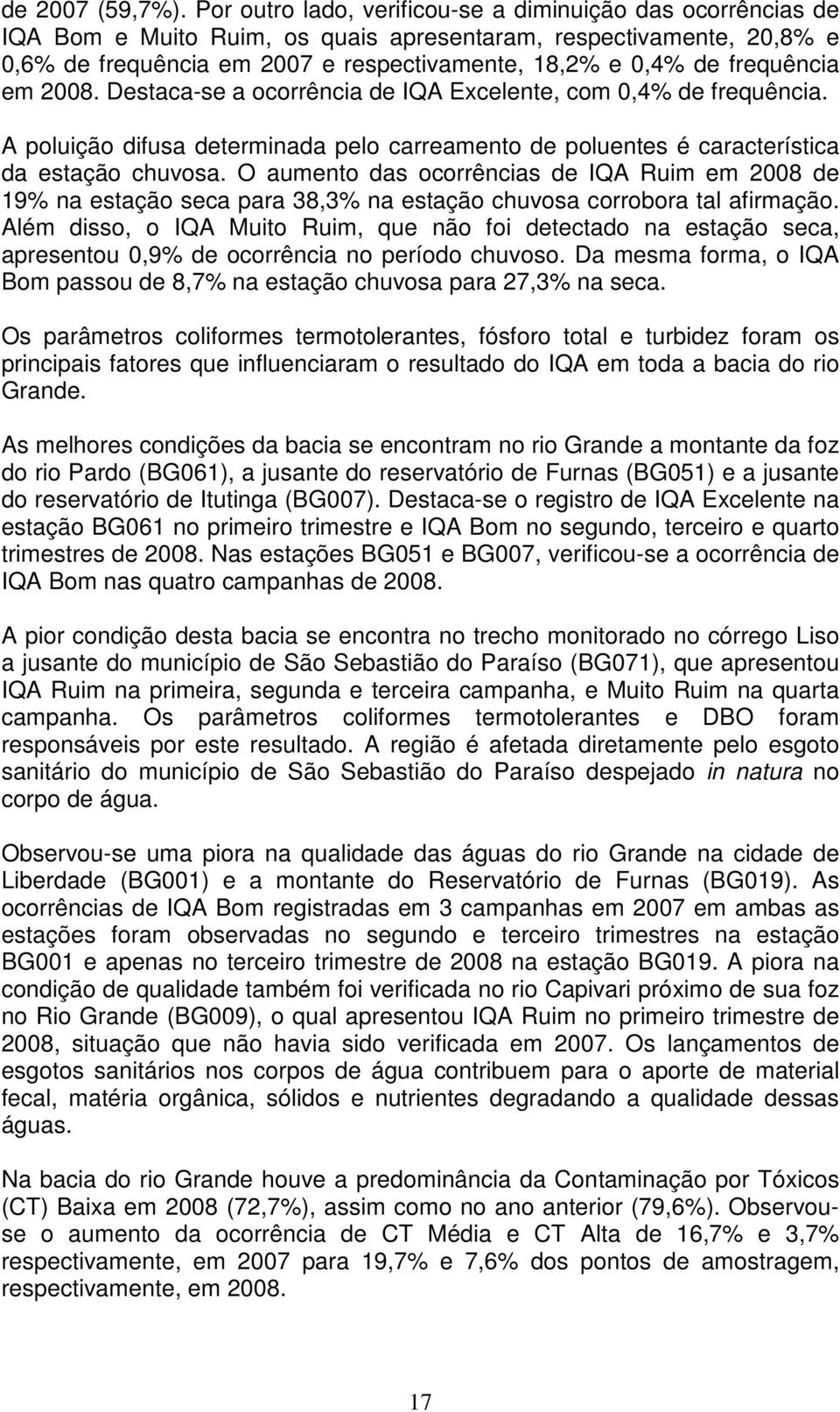 frequência em 2008. Destaca-se a ocorrência de IQA Excelente, com 0,4% de frequência. A poluição difusa determinada pelo carreamento de poluentes é característica da estação chuvosa.