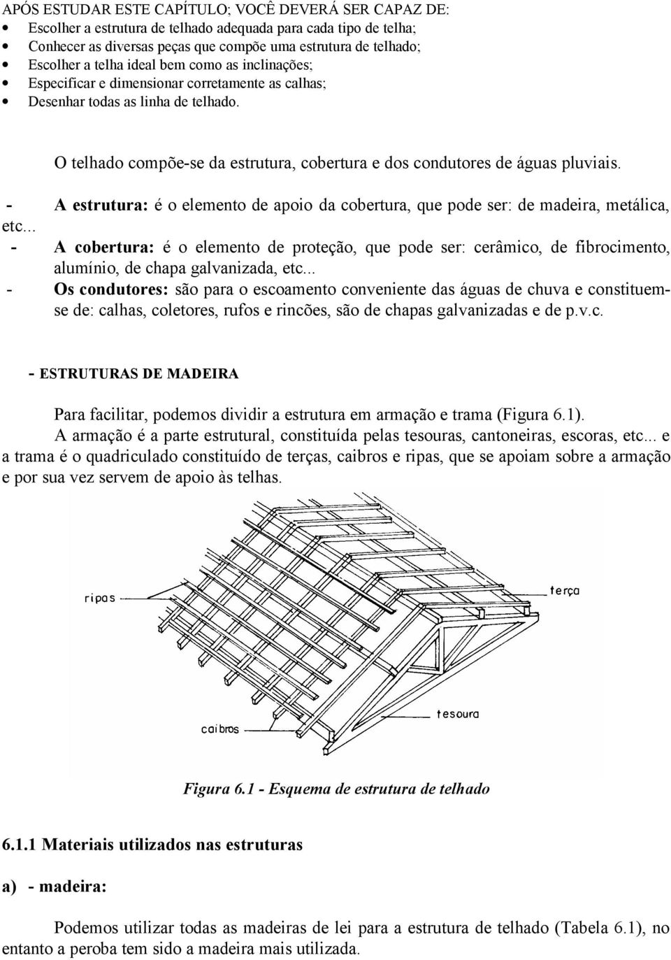 O telhado compõe-se da estrutura, cobertura e dos condutores de águas pluviais. - A estrutura: é o elemento de apoio da cobertura, que pode ser: de madeira, metálica, etc.