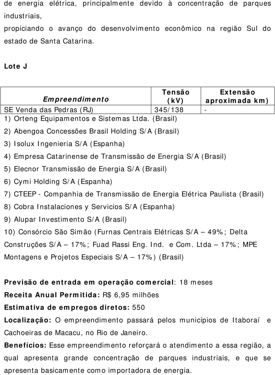 Elecnor Transmissão de Energia S/A (Brasil) 6) Cymi Holding S/A (Espanha) 7) CTEEP - Companhia de Transmissão de Energia Elétrica Paulista (Brasil) 8) Cobra Instalaciones y Servicios S/A (Espanha) 9)