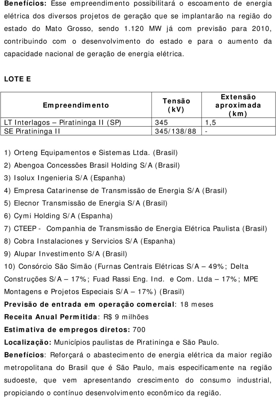 LOTE E LT Interlagos Piratininga II (SP) 345 1,5 SE Piratininga II 345/138/88-2) Abengoa Concessões Brasil Holding S/A (Brasil) 3) Isolux Ingenieria S/A (Espanha) 4) Empresa Catarinense de