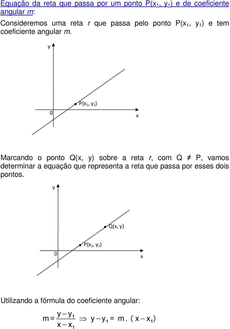 P(x 1, y 1 ) x Marcando o ponto Q(x, y) sobre a reta r, com Q P, vamos determinar a equação que representa