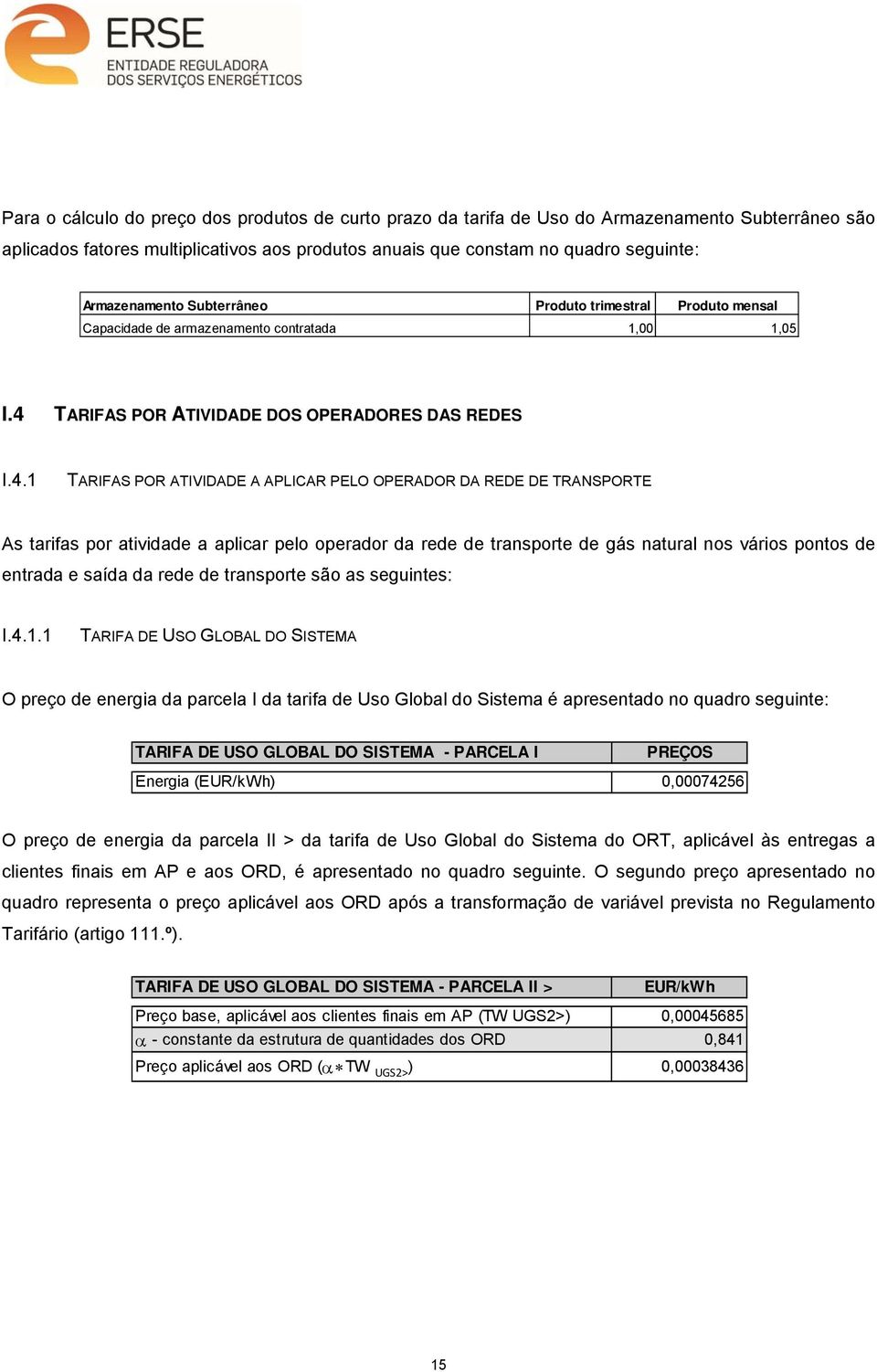 TARIFAS POR ATIVIDADE DOS OPERADORES DAS REDES I.4.