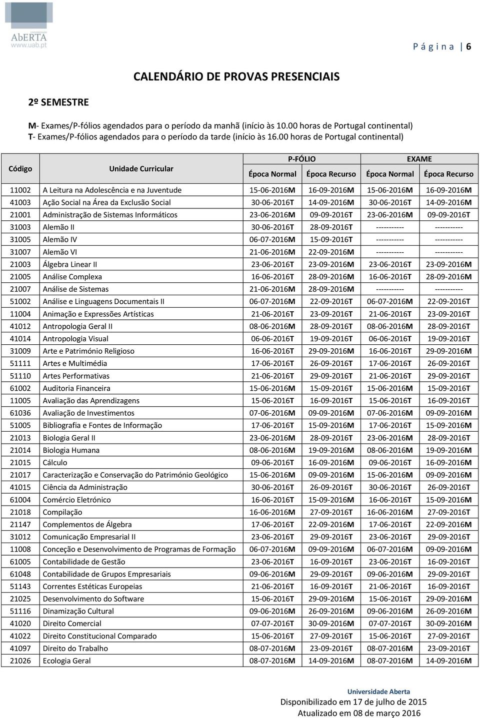 00 horas de Portugal continental) 11002 A Leitura na Adolescência e na Juventude 15-06-2016M 16-09-2016M 15-06-2016M 16-09-2016M 41003 Ação Social na Área da Exclusão Social 30-06-2016T 14-09-2016M