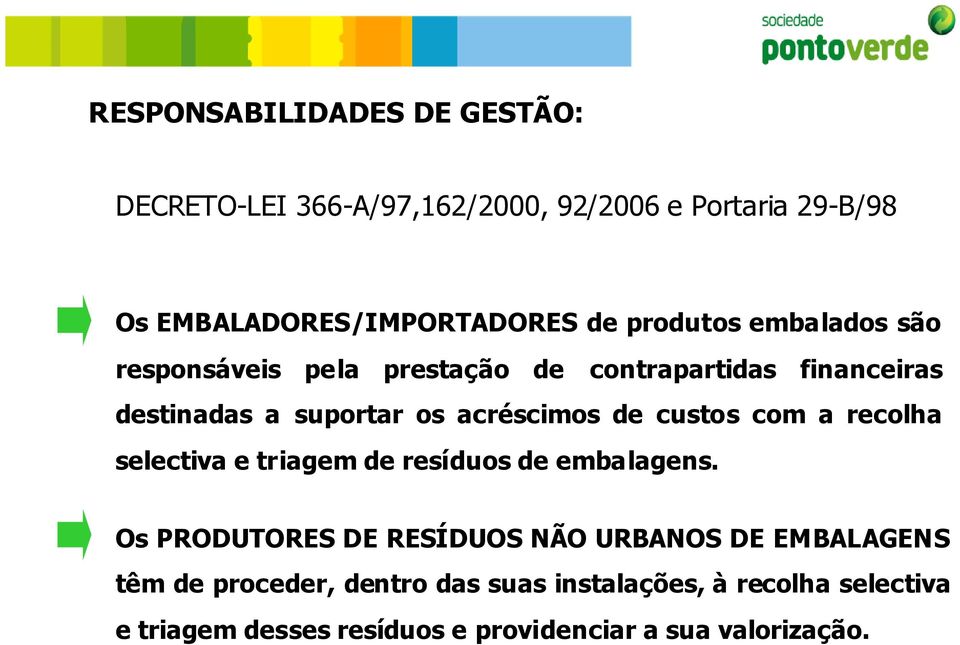 custos com a recolha selectiva e triagem de resíduos de embalagens.