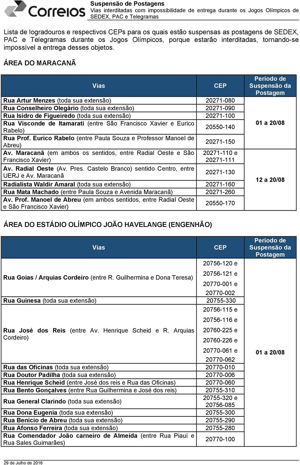 ÁREA DO MARACANÃ Rua Artur Menzes (toda sua extensão) 20271-080 Rua Conselheiro Olegário (toda sua extensão) 20271-090 Rua Isidro de Figueiredo (toda sua extensão) 20271-100 Rua Visconde de Itamarati