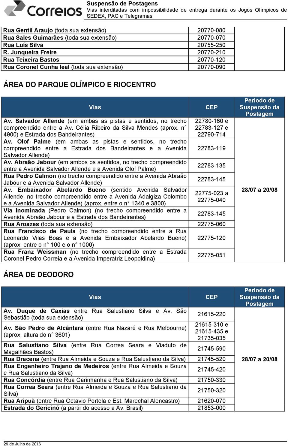 Salvador Allende (em ambas as pistas e sentidos, no trecho compreendido entre a Av. Célia Ribeiro da Silva Mendes (aprox. n 4900) e Estrada dos Bandeirantes) Av.