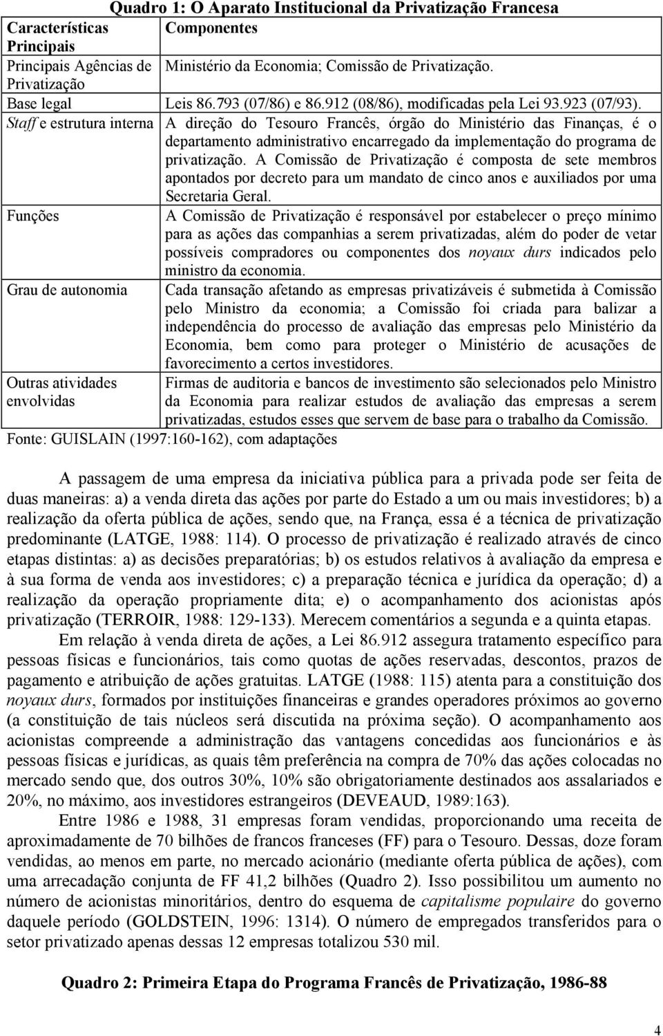 Staff e estrutura interna A direção do Tesouro Francês, órgão do Ministério das Finanças, é o departamento administrativo encarregado da implementação do programa de privatização.