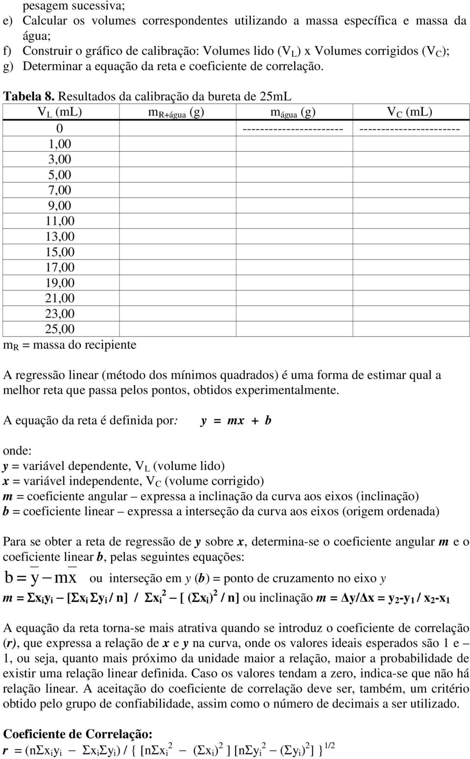 Resultados da calibração da bureta de 25mL V L m R+água (g) m água (g) V C 0 ----------------------- ----------------------- 1,00 3,00 5,00 7,00 9,00 11,00 13,00 15,00 17,00 19,00 21,00 23,00 25,00 m