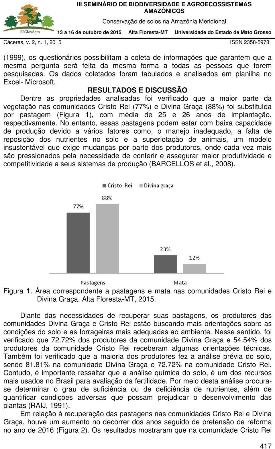 RESULTADOS E DISCUSSÃO Dentre as propriedades analisadas foi verificado que a maior parte da vegetação nas comunidades Cristo Rei (77%) e Divina Graça (88%) foi substituída por pastagem (Figura 1),