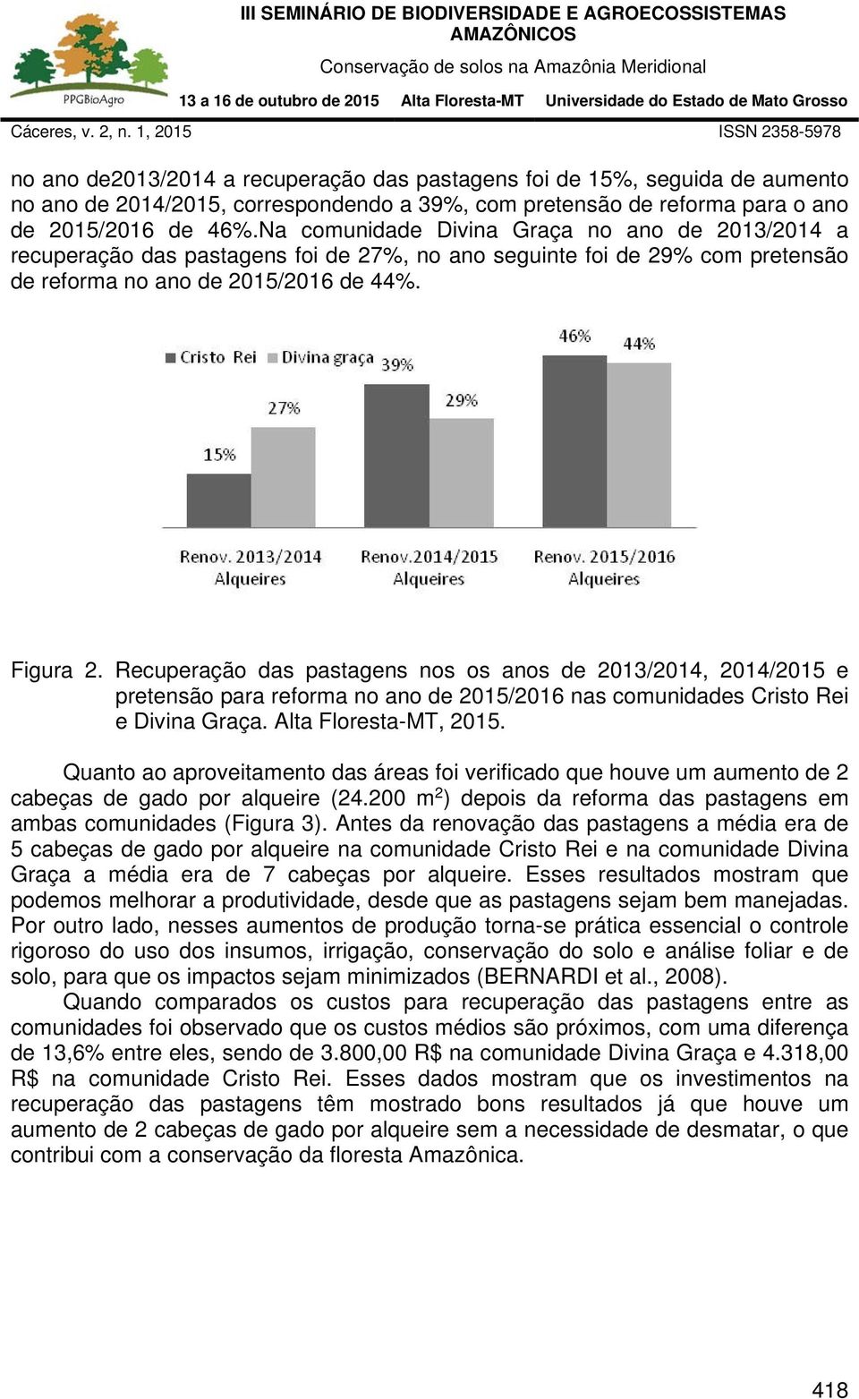 Recuperação das pastagens nos os anos de 2013/2014, 2014/2015 e pretensão para reforma no ano de 2015/2016 nas comunidades Cristo Rei e Divina Graça. Alta Floresta-MT, 2015.