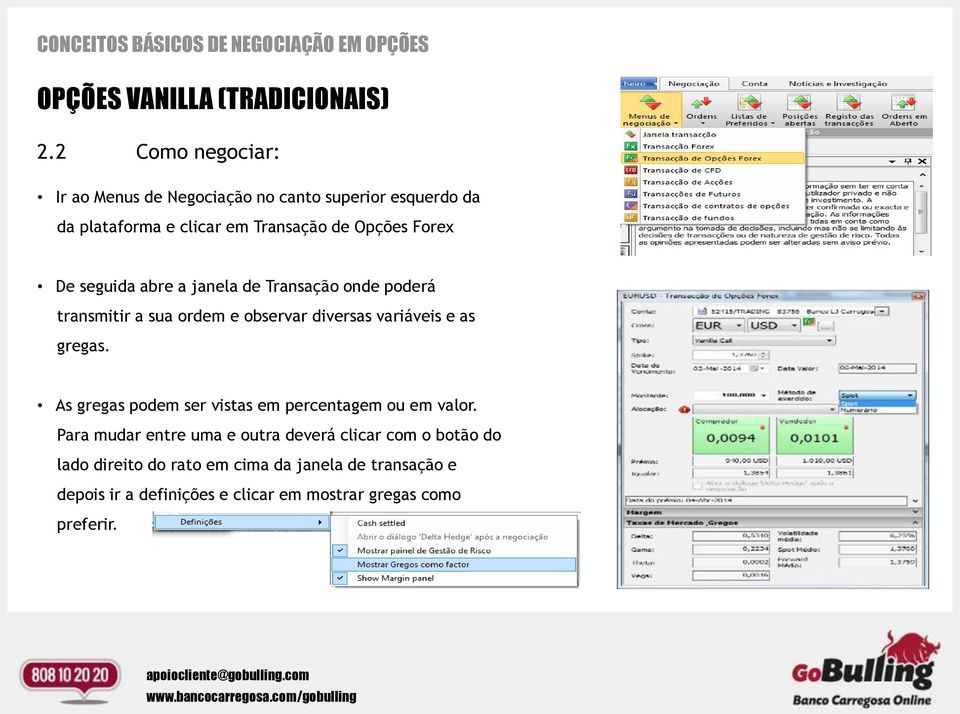 De seguida abre a janela de Transação onde poderá transmitir a sua ordem e observar diversas variáveis e as gregas.